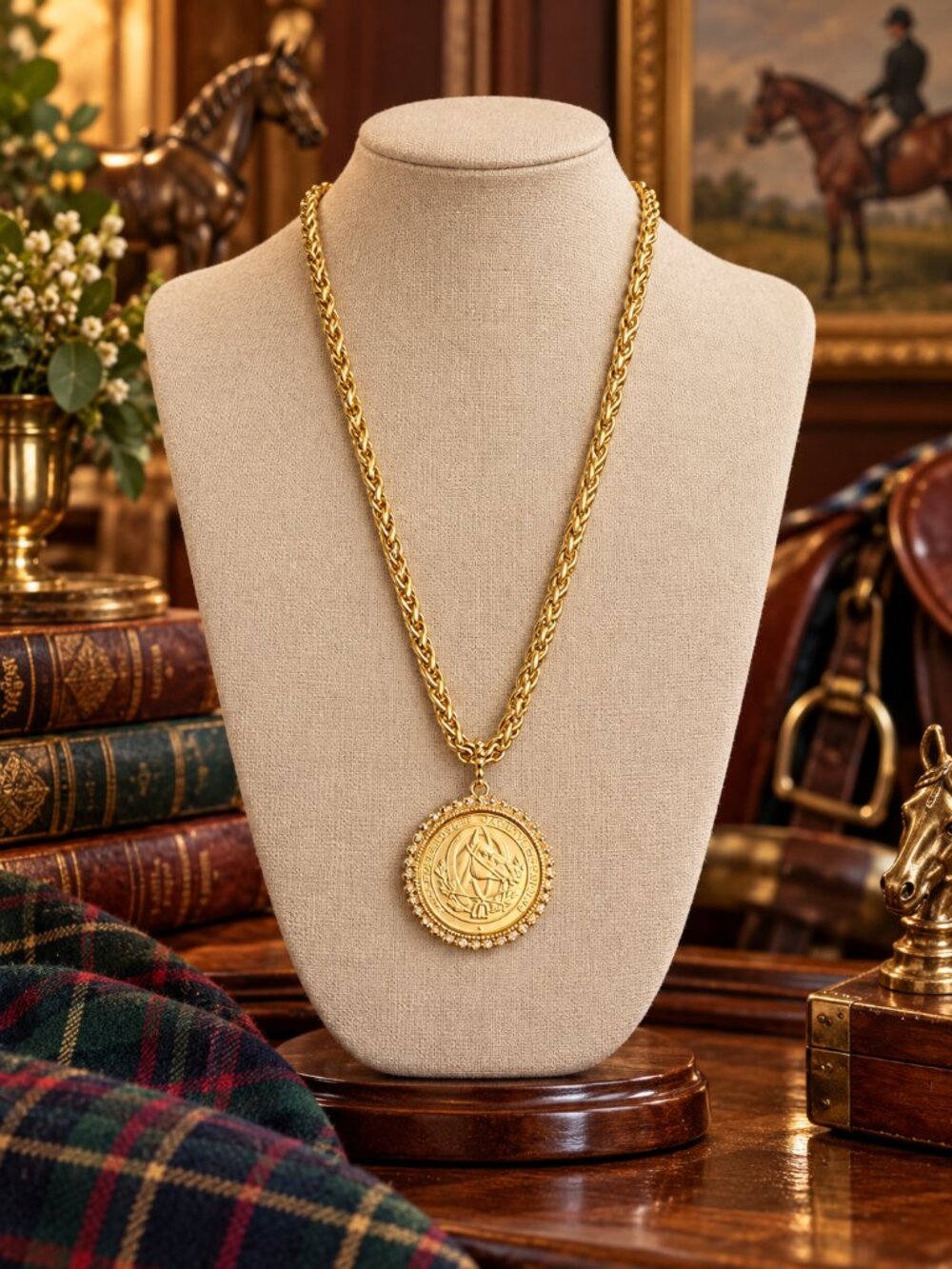 Gold Horse Medallion Necklace | Equestrian Statement Necklace | Gold Coin